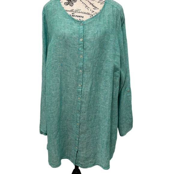 Tahari Teal Linen Plus Size 2X Tunic Blouse - Picture 5 of 8